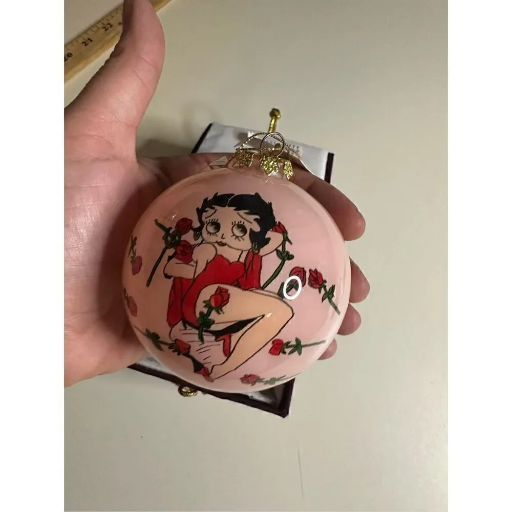 Vintage Collectible Betty Boop Glass Pink Roses Christmas Ornament Hand Painted